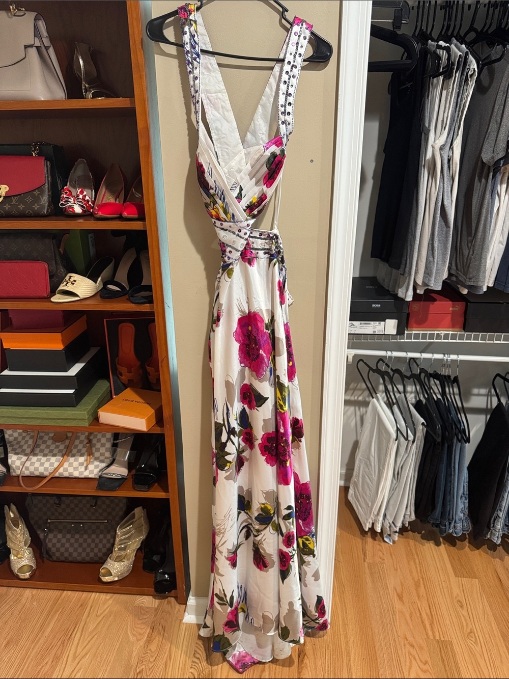 Sleeveless White Maxi Dress with Pink Floral Print